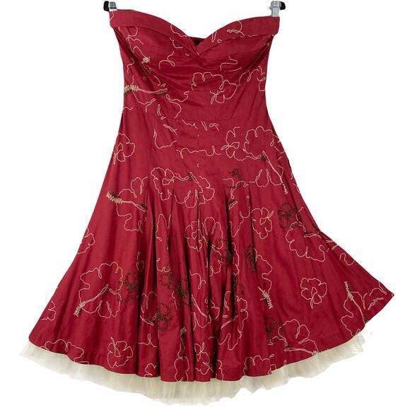 Tibi Dresses & Skirts - NWOT TIBI Dress 8 Merlot Beads Embroidery FitFlare Pleated Sweetheart-CuffedNeck